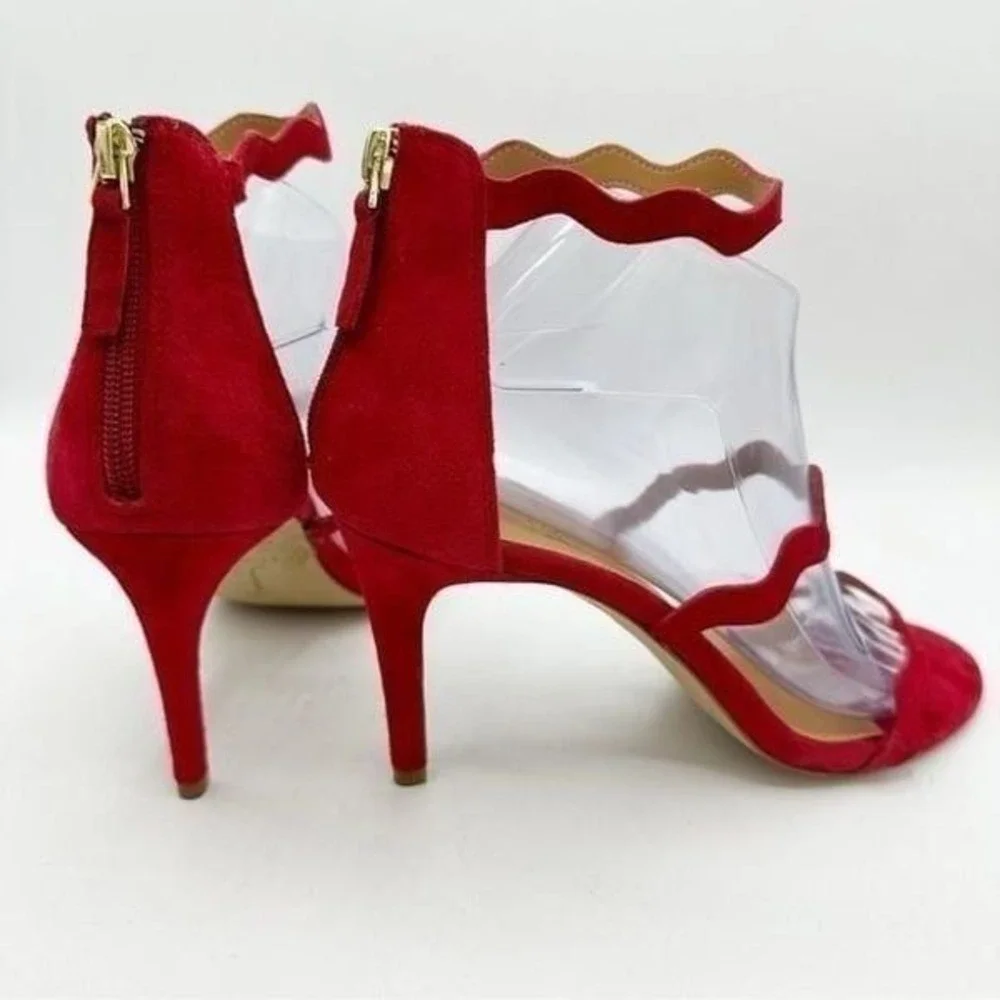 J Crew Red Suede Three-strap Scalloped Stiletto‎ Heeled Sandals Sz 9.5M
